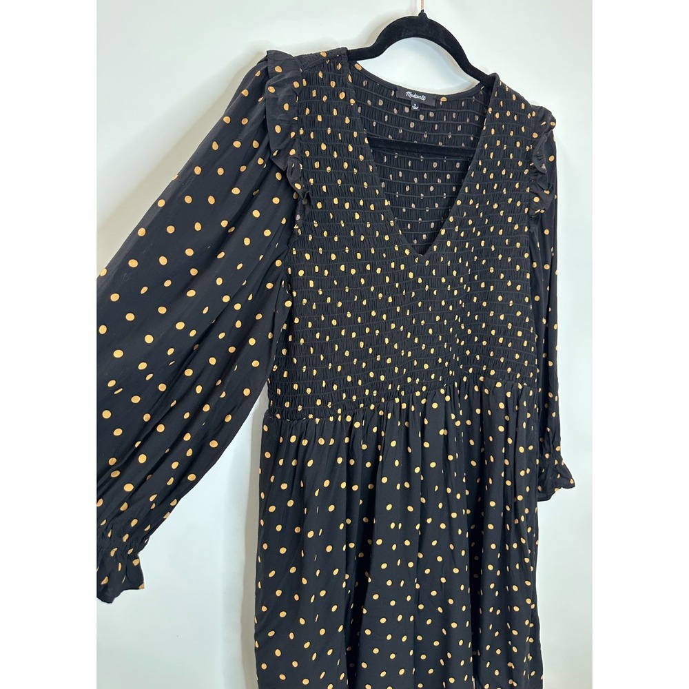 Madewell Lucie V-Neck Smocked Mini Dress Oval Dot Black Tan ND043 Size Medium - Picture 7 of 16